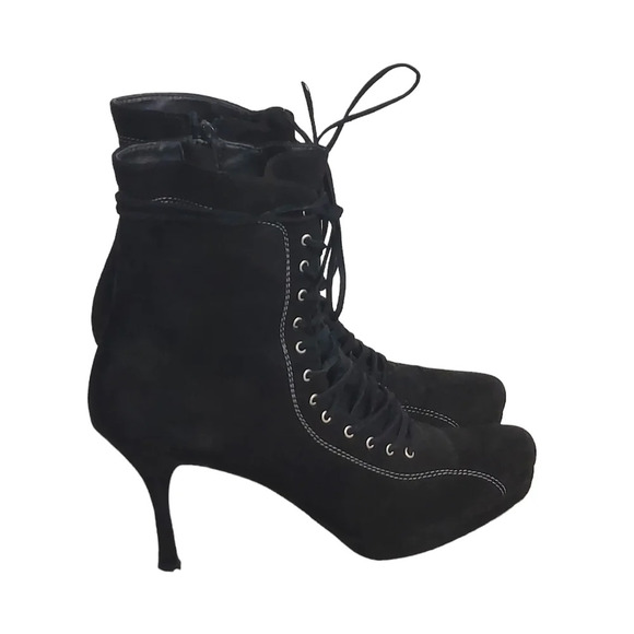 Vintage 90's Y2K Black Suede Platform Lace Up Boots Goth Witchcore Sexy - Picture 9 of 16